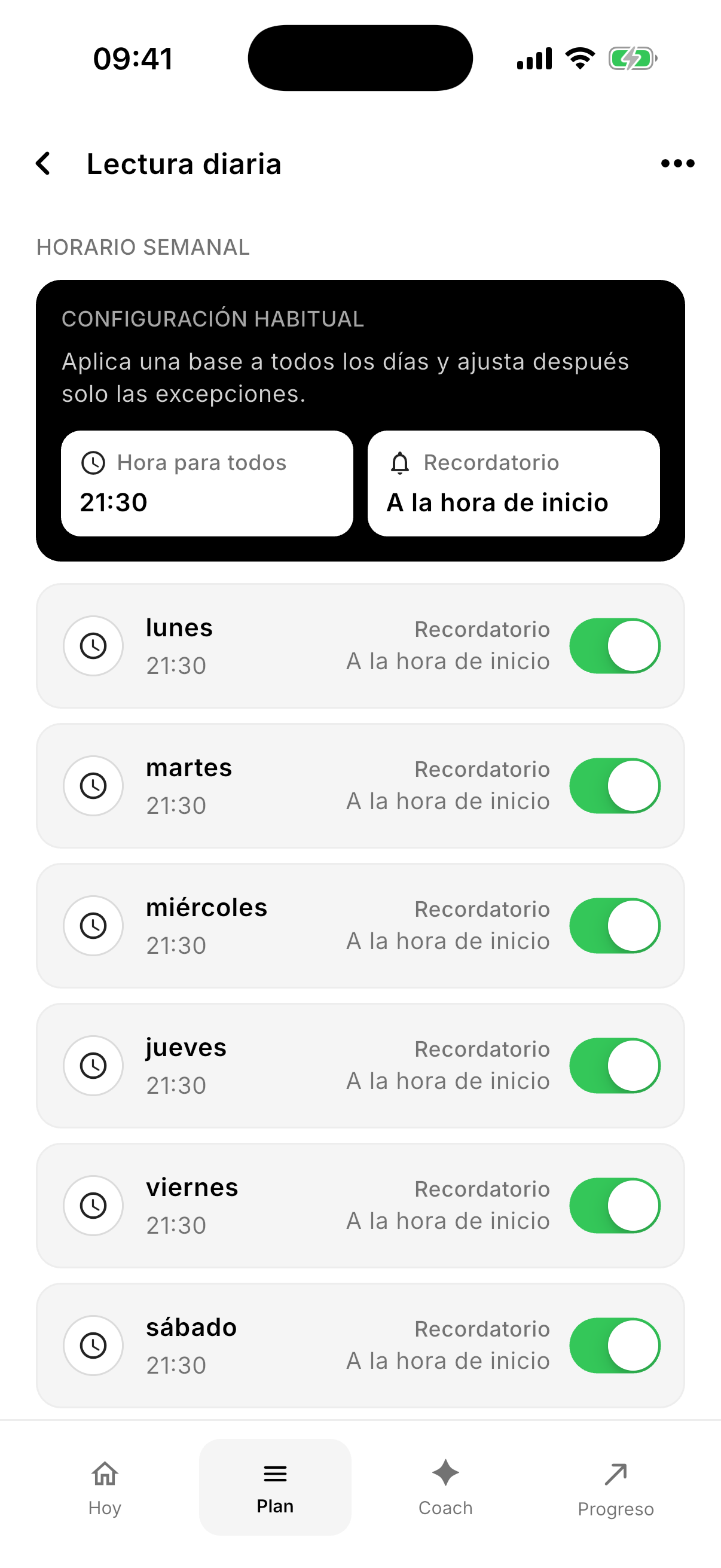 Configuración semanal y recordatorios de un hábito en Northward