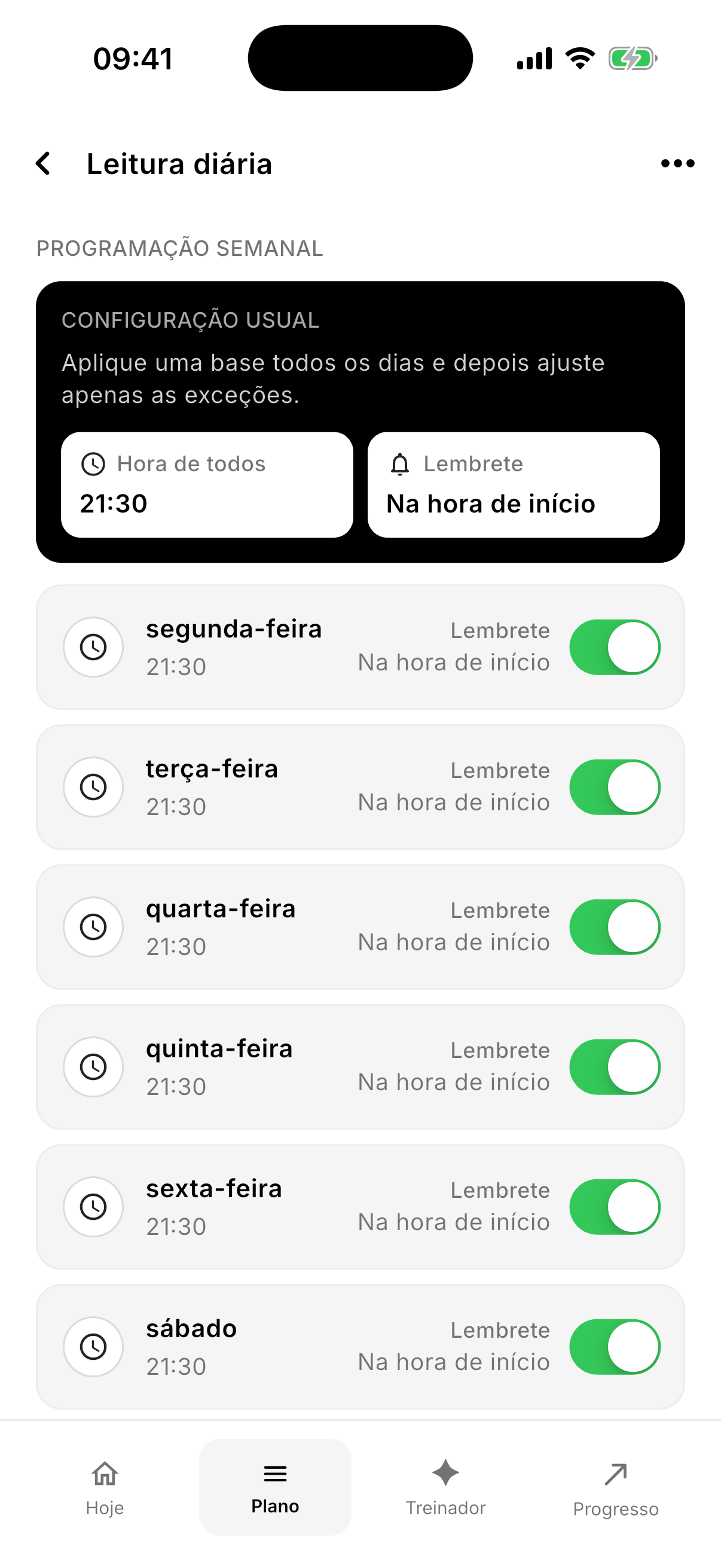Programação semanal e lembretes de um hábito no Northward